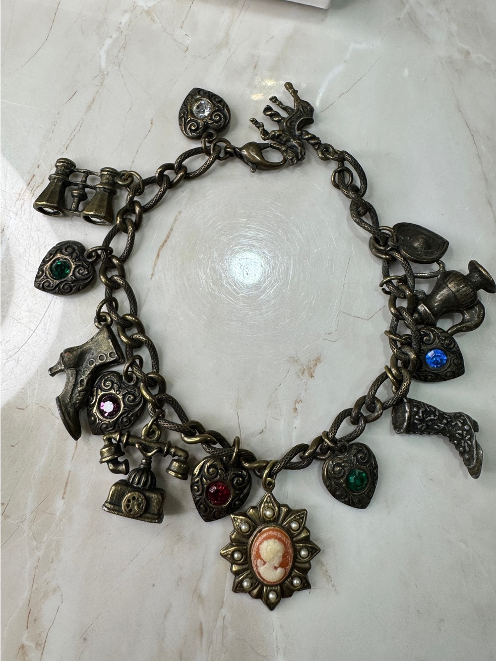 Vintage Cameo Charm Bracelet - Multi-Color Brass Tone Women’s Jewelry